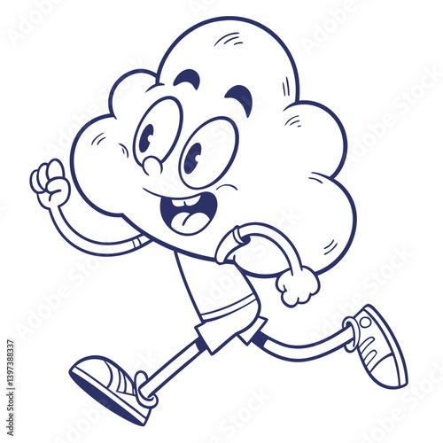 Cartoon Cloud Mascot Running Character in Blue Outline, Sports, Smiling, Energy