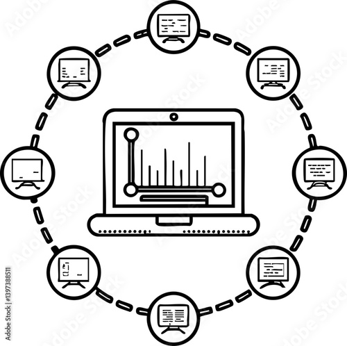 A graphic illustrating a central laptop connected to multiple computers, representing data flow and network communication.