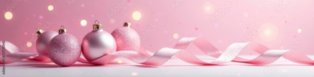 Fototapeta premium Pink and white gradient, delicate glass ornaments on ribbons Elegant Christmas/New Year's backdrop , festive, elegant