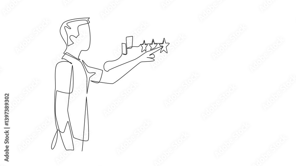 Animation of single one line drawing man points to a wall with lots of paper notes scattered around it. Good review. Raise the profile. Feedback. Write a Review Day. Full length motion Animation of single one line drawing man points to a wall with lots of paper notes scattered around it. Good review. Raise the profile. Feedback. Write a Review Day. Full length motion