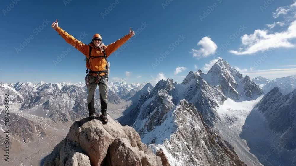 Summit Victory: An adventurer stands triumphantly atop a majestic mountain peak. With arms raised against a clear blue sky, the explorer embodies the spirit of achievement amidst nature's grandure. Summit Victory: An adventurer stands triumphantly atop a majestic mountain peak. With arms raised against a clear blue sky, the explorer embodies the spirit of achievement amidst nature's grandure.