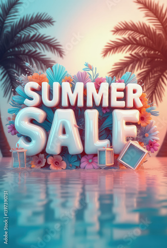 Bright and inviting display showcasing a summer sale with bold lettering surrounded by colorful flowers, palm trees, and reflecting water, evoking a festive vibe