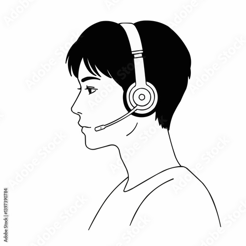 Young adult wearing headset in profile illustration  