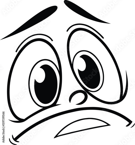 Cartoon Face Sad Eyes, Frowning Mouth, Expressive Character Art, Black & White
