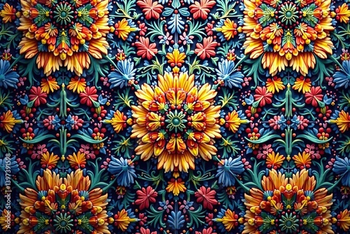 Intricate floral motifs within a repeating hexagonal grid, stylish, curve, print