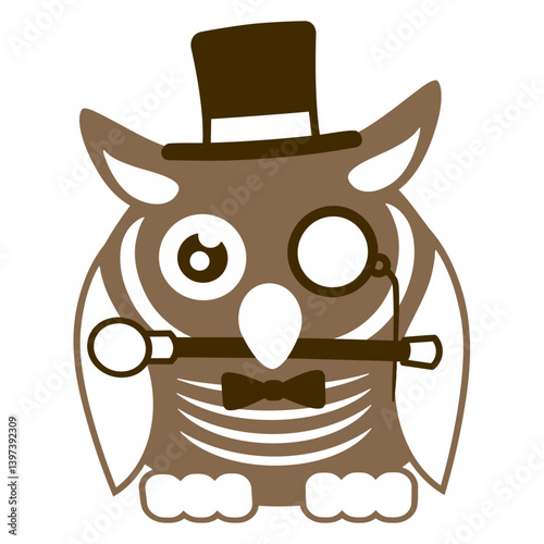 Sir owl top hat monocle glasses rich gentleman fun Isolated Vector Graphic Design Illustration
