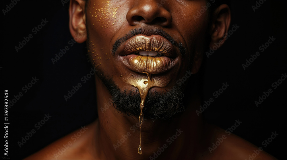 close-up of a person's lips adorned with striking gold metallic makeup