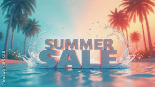 A colorful summer sale sign stands amidst a serene tropical setting with palm trees, reflecting vibrant hues of sunset in the water, creating an inviting atmosphere