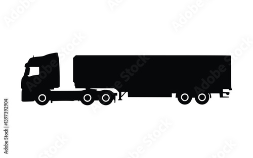 black silhouette icon of a truck tractor with a semitrailer, displayed in a side view. It’s a simple vector graphic illustration, completely isolated on a white backdrop.