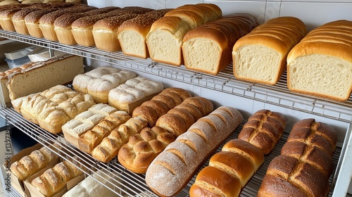 A bakery display with various types of bread loaves arranged on multiple metal wire shelves neatly stacked