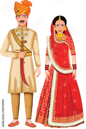 Beautiful Rajasthani Wedding Couple Character Vector Illustration