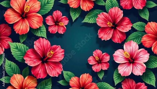 Bold hibiscus blooms, vibrant tropical seamless repeat, beauty, red