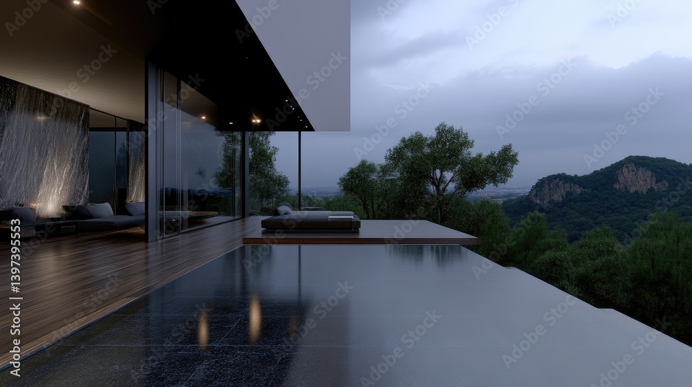 Obraz premium Modern luxury home with infinity pool overlooking a mountain vista at twilight