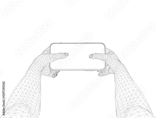 A detailed vector wireframe illustration of human hands holding a smartphone, showcasing intricate geometric lines that highlight the form and structure of both the hands and the device.