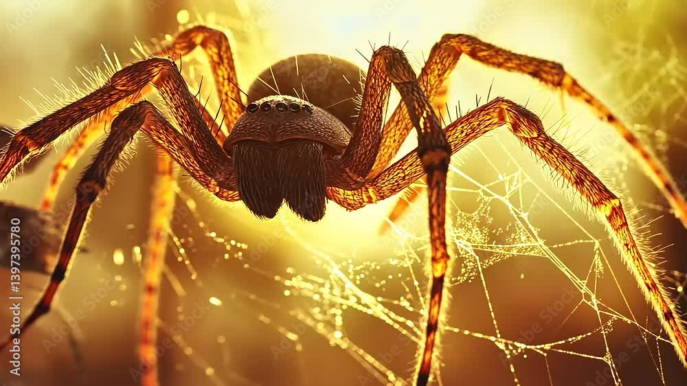 Close-up of a spider weaving its intricate web in a sunlit forest, showcasing nature's beauty Close-up of a spider weaving its intricate web in a sunlit forest, showcasing nature's beauty