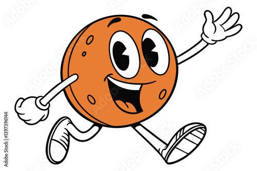 Cartoon Orange Ball Character with White Gloves and Shoes Running and Waving Hand