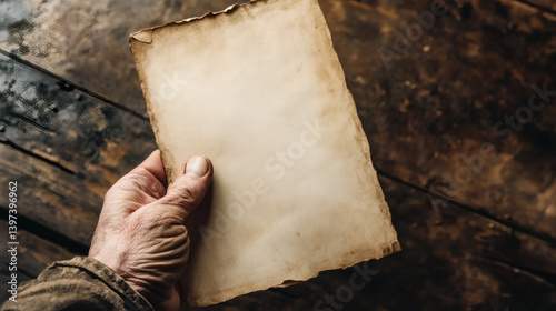 Hand holding antique paper, wood background. History, mystery, message