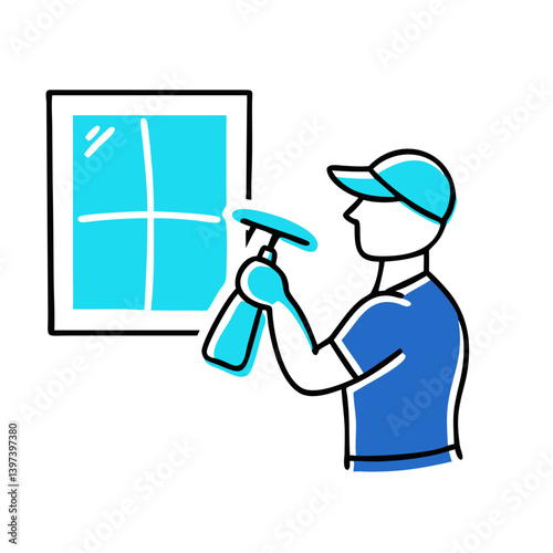 Window Cleaner Spraying Glass with Cleaning Solution  