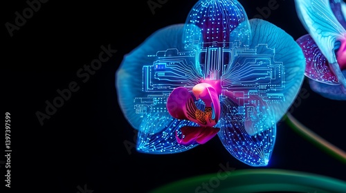 A vibrant orchid with a digital circuit pattern overlay, merging nature and technology in a striking visual contrast.
