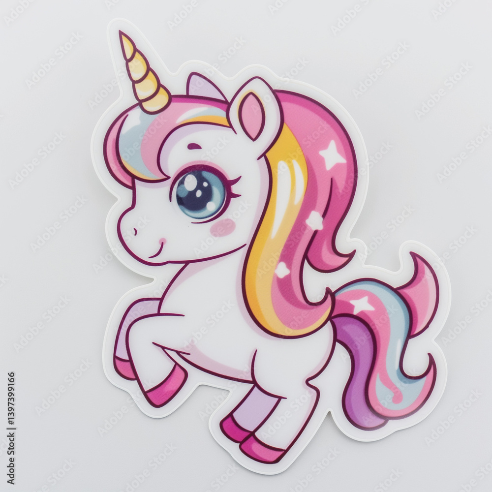Obraz premium Cute cartoon unicorn with pink and yellow mane on white
