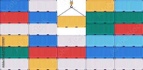 Cargo container set isolated. Box from different sides collection. Freight shipping container hanging on crane hook. Realistic design. Flat style vector illustration. White color.