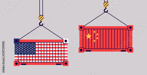 Cargo containers isolated. Freight shipping box hanging on crane hook. Flat style vector illustration. USA and China flags. International import and export trade.