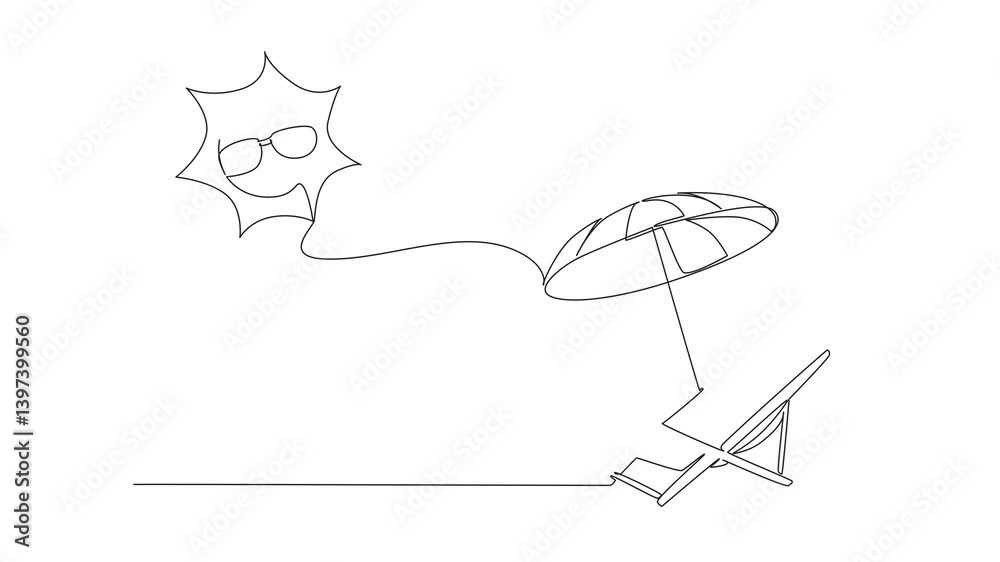 Animation of single one line drawing beach chairs and beach umbrellas on top of which is the sun wearing sunglasses. Summer vacation. Relax. International Sun Day. Full length motion