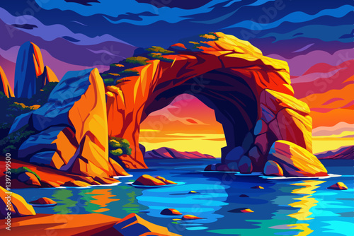Coastal cartoon landscape with a vibrant natural rock arch and saturated ocean backdrop, natural stone arch stretching over a richly colored cobalt blue sea
