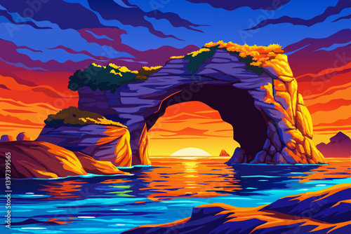 Coastal cartoon landscape with a vibrant natural rock arch and saturated ocean backdrop, natural stone arch stretching over a richly colored cobalt blue sea