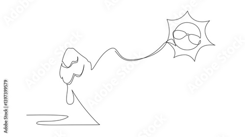 Self drawing animation of continuous one line drawing ice cream cone melted and on top add the sun wearing sunglasses. Very hot weather symbol. Sweat. International Sun Day. Full length animated