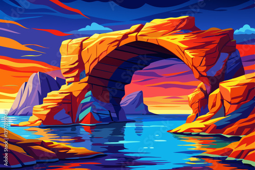 Coastal cartoon landscape with a vibrant natural rock arch and saturated ocean backdrop, natural stone arch stretching over a richly colored cobalt blue sea