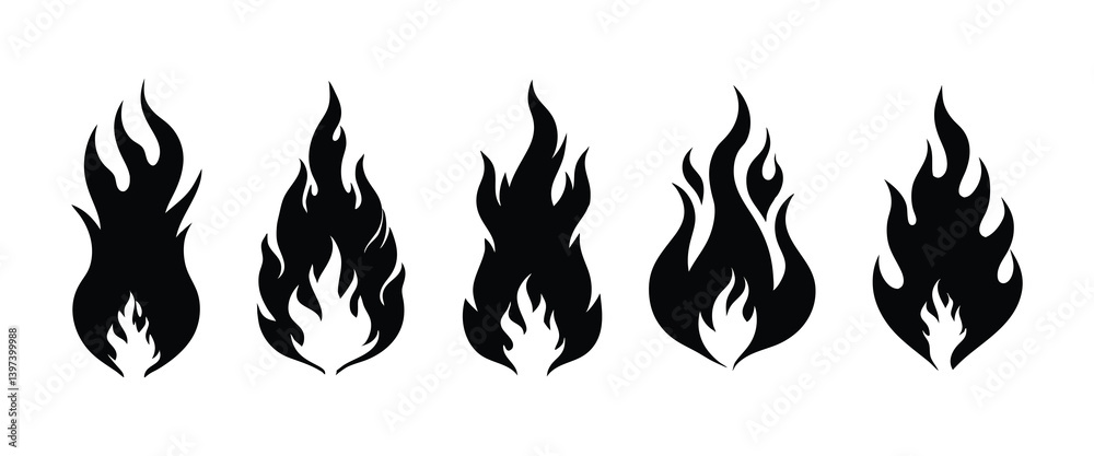Naklejka premium Fire flame symbol, fire flame black icon silhouette vector illustration.