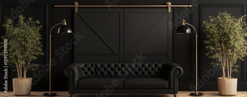 Black Chesterfield Sofa in a Dark Room with Gold Accents and Olive Trees
