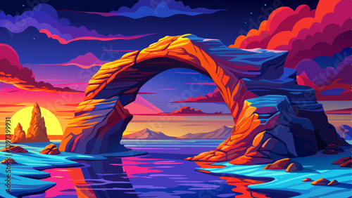 Coastal cartoon landscape with a vibrant natural rock arch and saturated ocean backdrop, natural stone arch stretching over a richly colored cobalt blue sea
