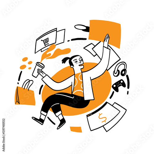 A person surrounded by shopping-related icons cart, bags, money, headphones, game controller, holding coffee, suggesting online shopping or consumerism.
