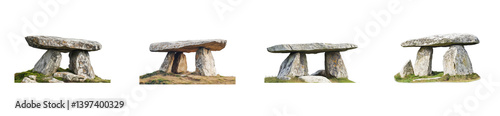 Ancient stone dolmens set displaying prehistoric megalithic structures, cut out - stock png