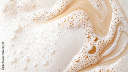 Close-up of creamy foam texture with bubbles swirled throughout the frothy surface.