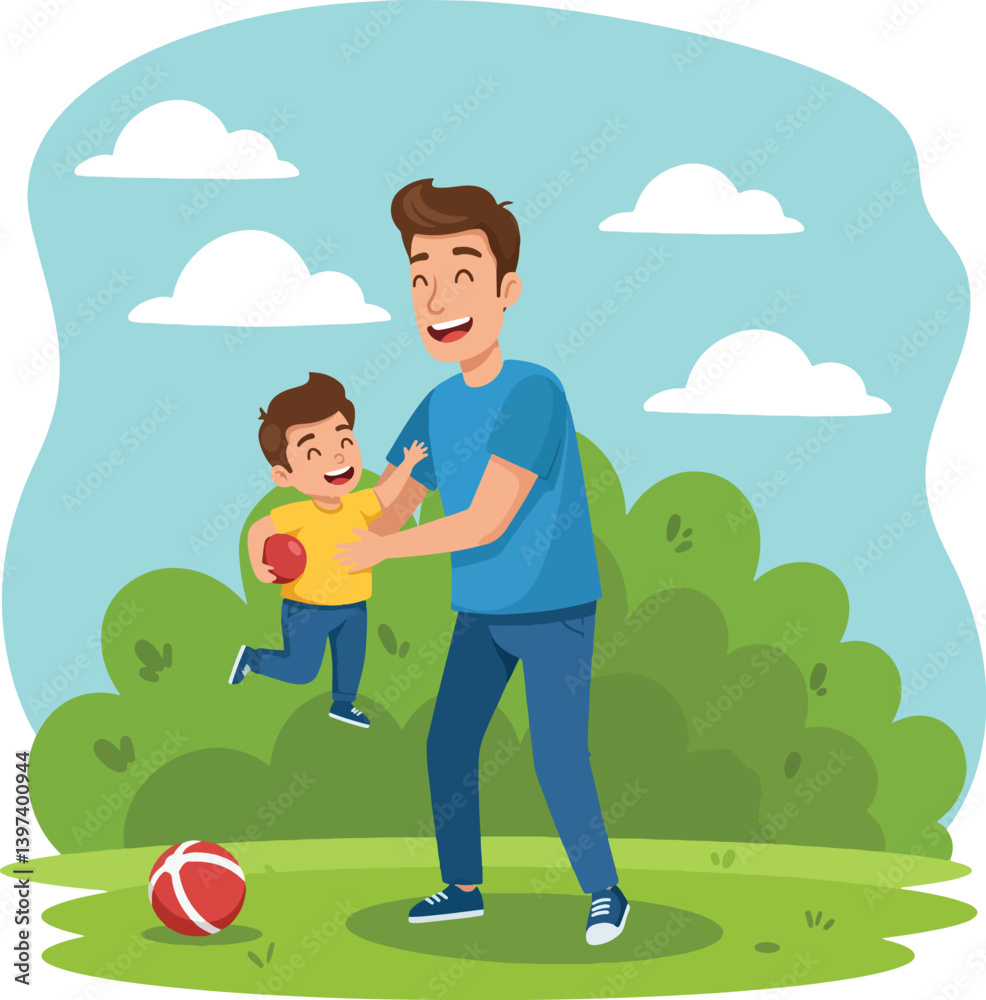 Joyful Cartoon Father and Son Playing Catch with a Ball Outdoors in a Park Joyful Cartoon Father and Son Playing Catch with a Ball Outdoors in a Park