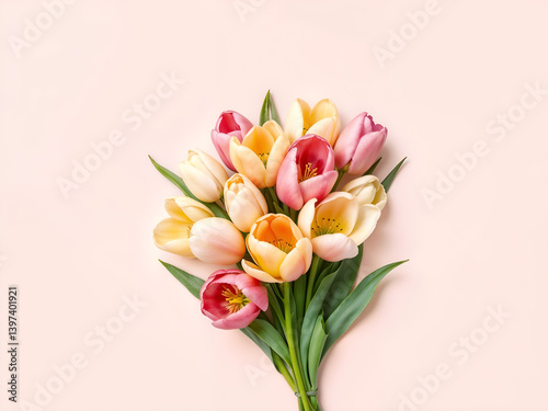Obraz na płótnie Colorful tulip bouquet on soft pink background, perfect for spring and floral-themed compositions. Generative AI w salonie