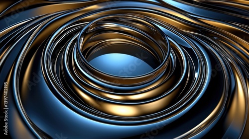 A mesmerizing abstract image featuring swirling metallic strands in shades of blue and gold, creating a dynamic and fluid visual effect.