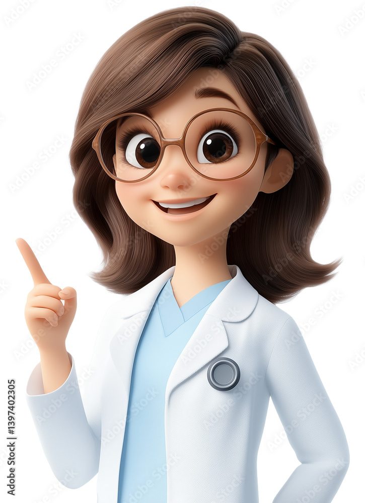3D Cartoon Female Doctor With Brown Hair In White Coat On Transparent Background 3D Cartoon Female Doctor With Brown Hair In White Coat On Transparent Background