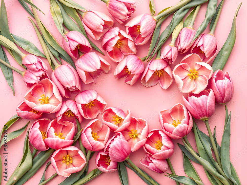 Heart-shaped arrangement of pink tulips on soft pastel background, symbolizing love and spring. Generative AI