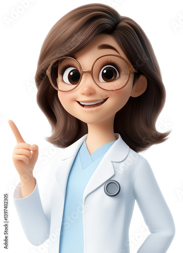 3D Cartoon Female Doctor With Brown Hair In White Coat On Transparent Background
