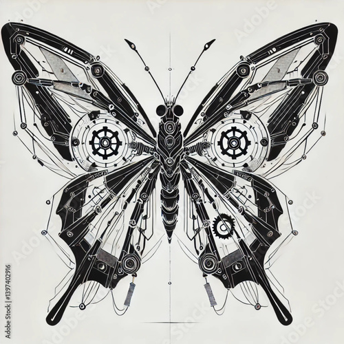 Silhouette of a futuristic robotic butterfly in black and white with a minimalist and modern style.

Business Uses:
Branding for technology or AI companies
Artistic poster or print design