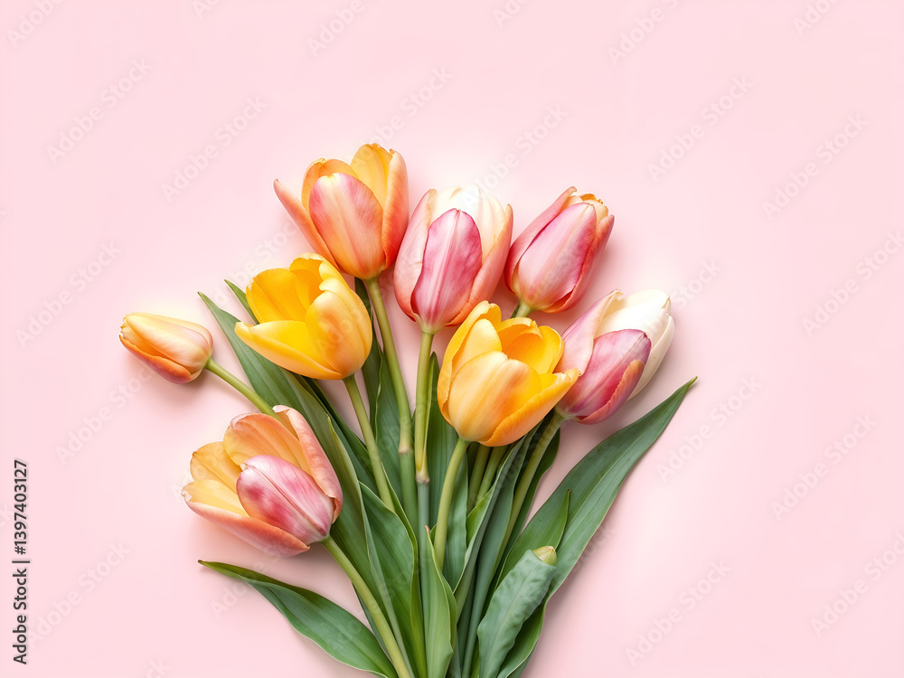 Colorful tulip bouquet on soft pink background, perfect for spring and floral-themed compositions. Generative AI