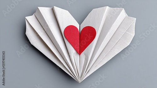 White Paper Folded Heart with Red Accents on Gray
