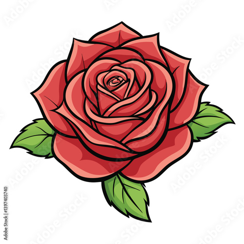 Cartoon Red Rose, Blossom, Bud, and Green Leaves on a Pure White Background