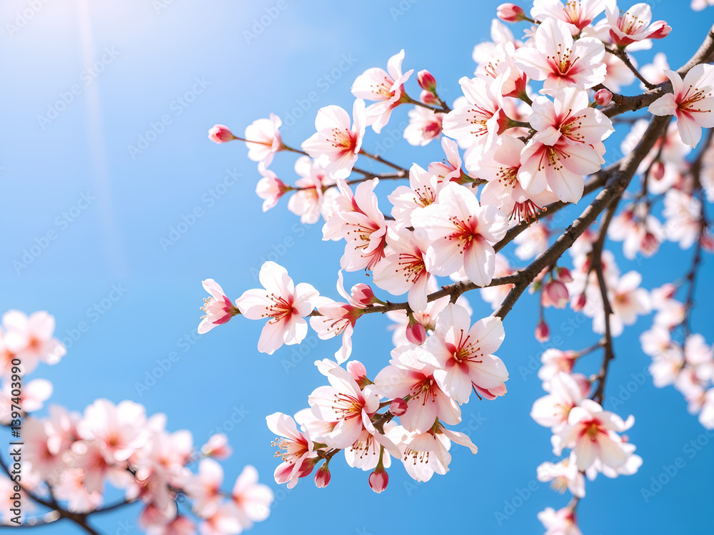 Pink cherry blossoms in full bloom against vibrant blue sky, representing spring and renewal. Generative AI