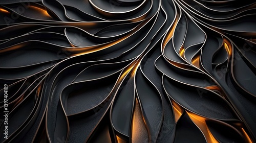 A close-up view of a textured surface featuring flowing, wavy patterns in dark shades with hints of warm light, creating a dynamic visual experience.
