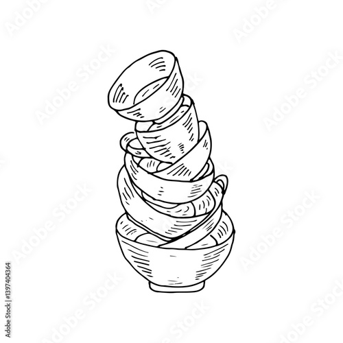 Stacked plate, bowl and cup hand-drawn restaurant kitchen vector theme.
